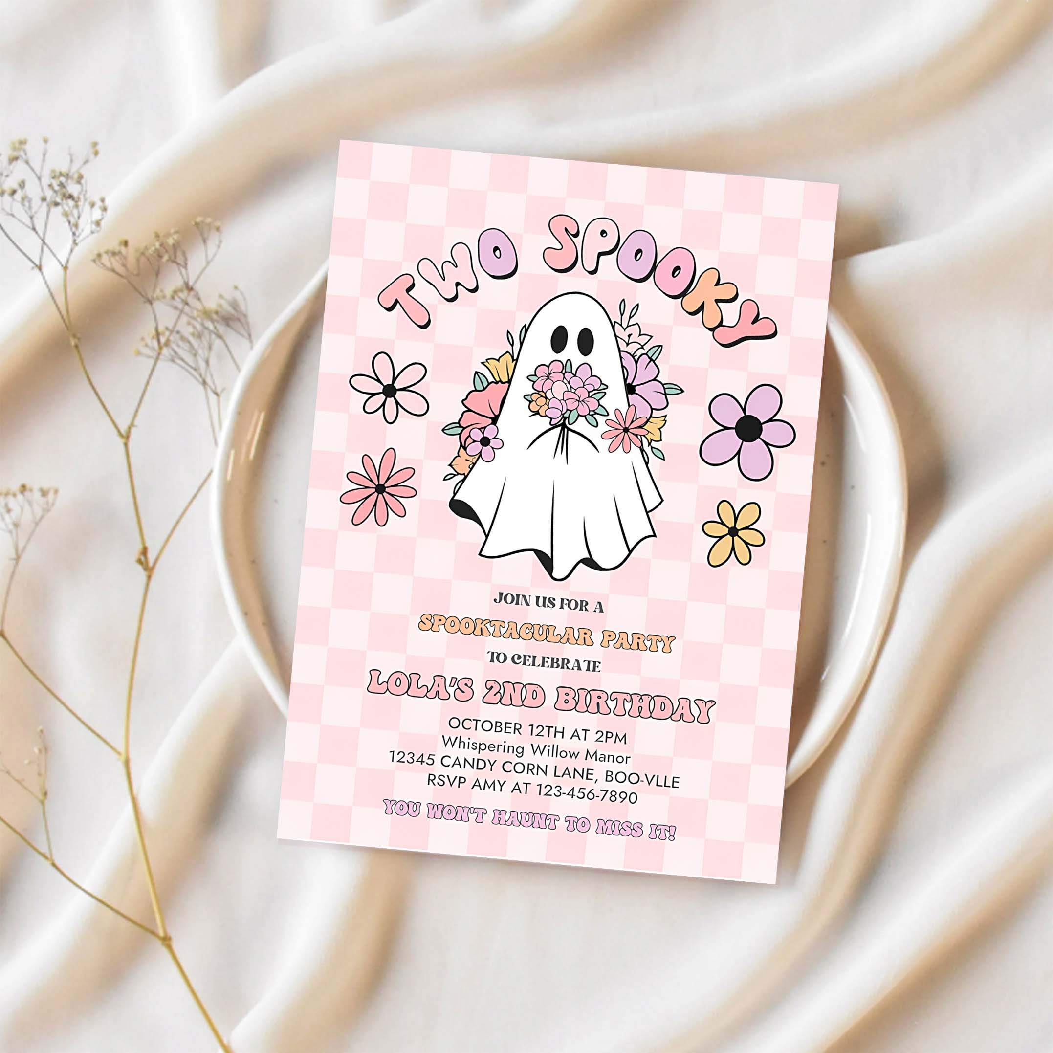 Editable Two Spooky Halloween Ghost 2nd Invite Retro Groovy Pink Ghost Halloween Birthday Party Instant Download UW8