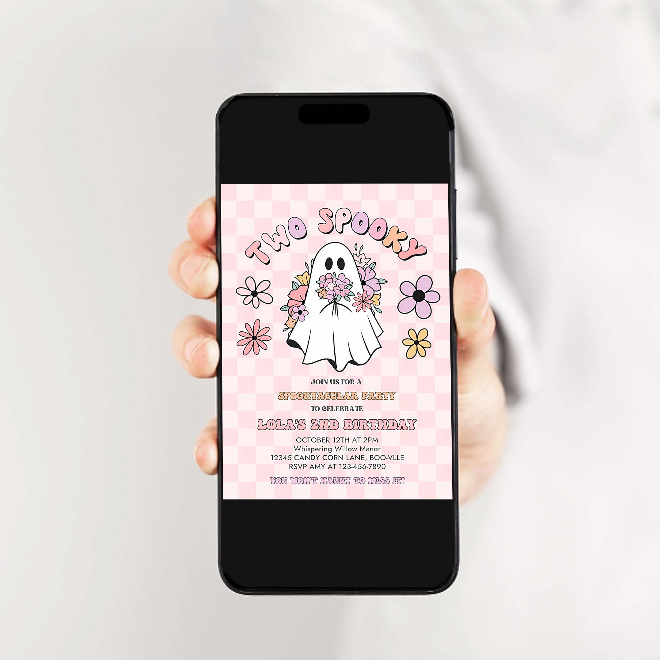 Editable Two Spooky Halloween Ghost 2nd Invite Retro Groovy Pink Ghost Halloween Birthday Party Instant Download UW8