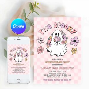 Two Spooky Invitation, Two Spooky Halloween Ghost 2nd Invite Retro Groovy Pink Ghost Halloween Birthday Party