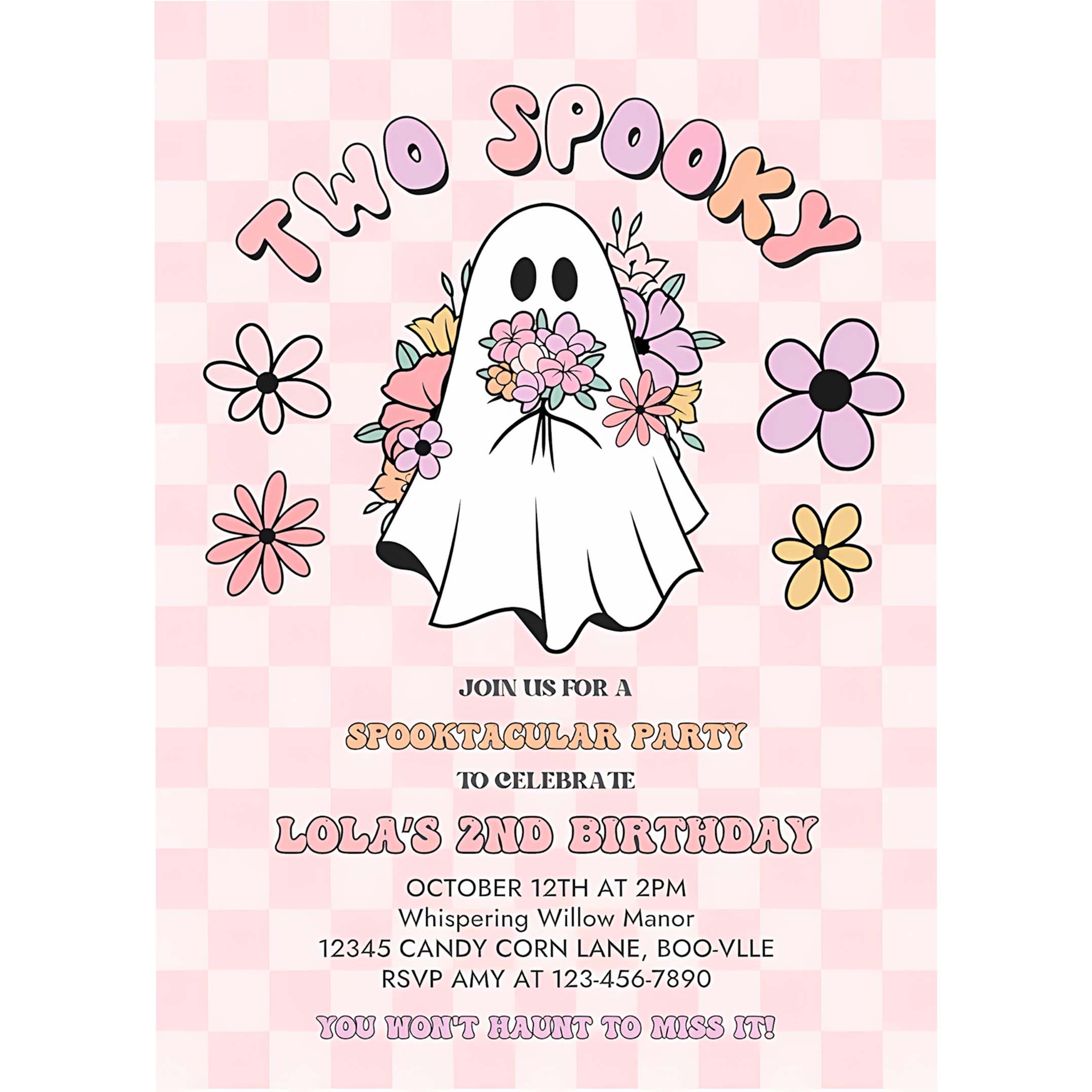 Editable Two Spooky Halloween Ghost 2nd Invite Retro Groovy Pink Ghost Halloween Birthday Party Instant Download UW8