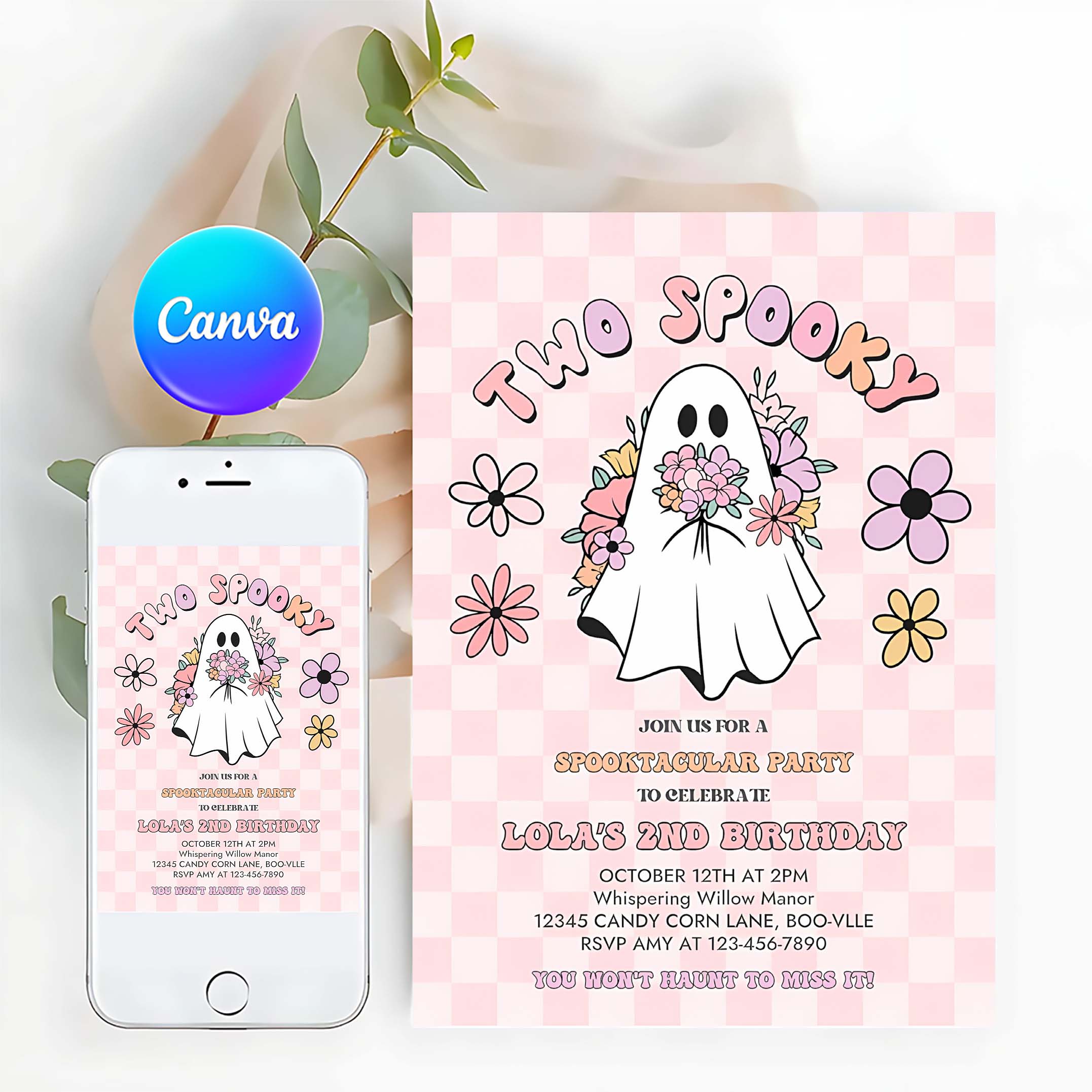Editable Two Spooky Halloween Ghost 2nd Invite Retro Groovy Pink Ghost Halloween Birthday Party Instant Download UW8