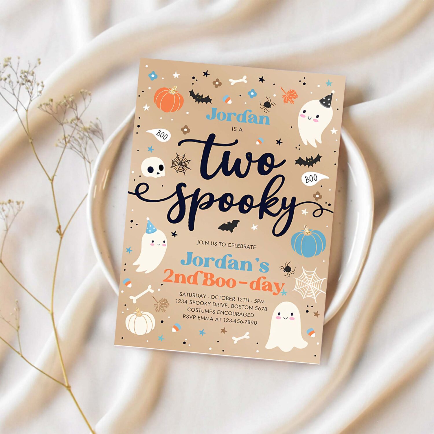 Editable two spooky vintage halloween ghost 2nd birthday party invitation blue ghost 2nd birthday party spooktacular instant download di 1