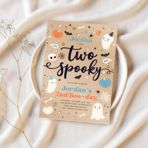 Editable two spooky vintage halloween ghost 2nd birthday party invitation blue ghost 2nd birthday party spooktacular instant download di 1