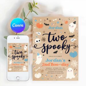 Two Spooky Invitation, Two Spooky Vintage Halloween Ghost 2nd Birthday Party Invitation Blue Ghost 2nd Birthday Party Spooktacular