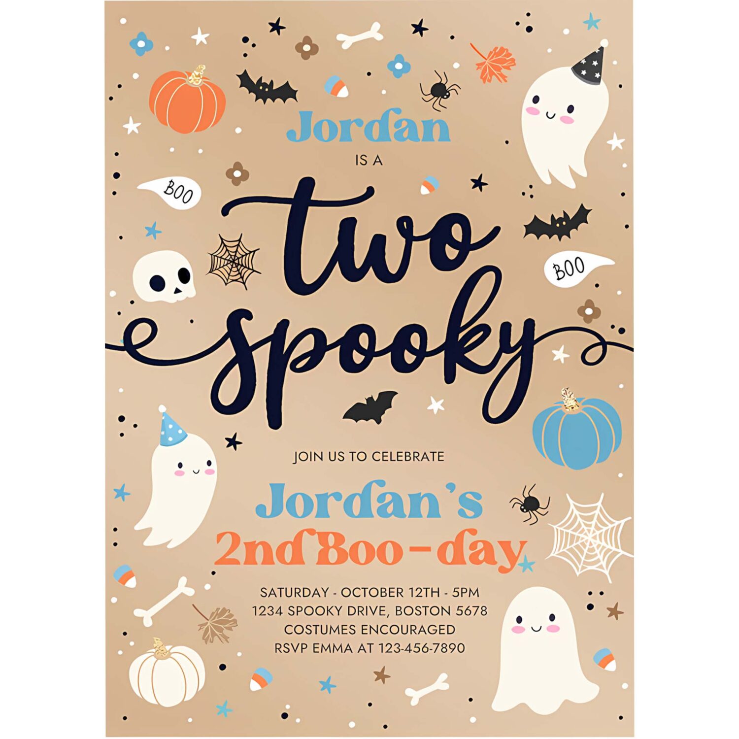 Editable two spooky vintage halloween ghost 2nd birthday party invitation blue ghost 2nd birthday party spooktacular instant download di 4