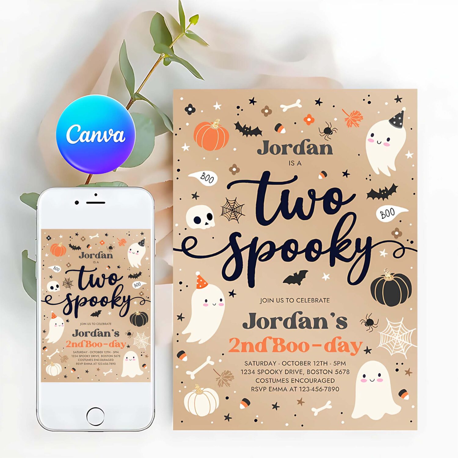 Editable two spooky vintage halloween ghost 2nd birthday party invitation blue ghost 2nd birthday party spooktacular instant download t2