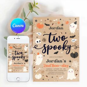 Two Spooky Invitation, Two Spooky Vintage Halloween Ghost 2nd Birthday Party Invitation Blue Ghost 2nd Birthday Party Spooktacular