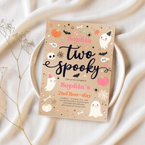 Editable two spooky vintage halloween ghost 2nd birthday party invitation pink ghost 2nd birthday party spooktacular instant download f8u 1