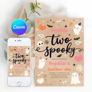 Two Spooky Invitation, Two Spooky Vintage Halloween Ghost 2nd Birthday Party Invitation Pink Ghost 2nd Birthday Party Spooktacular