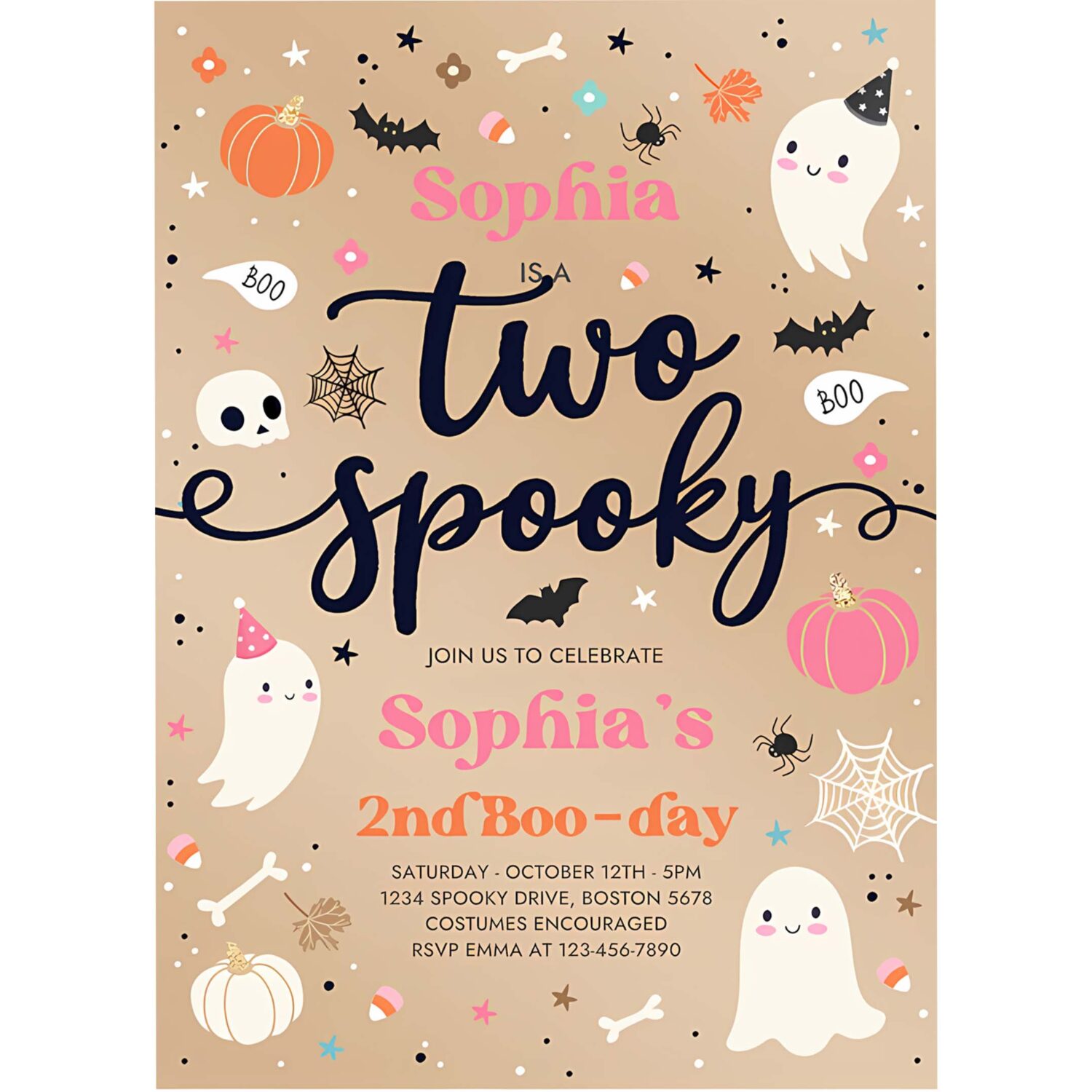Editable two spooky vintage halloween ghost 2nd birthday party invitation pink ghost 2nd birthday party spooktacular instant download f8u 4