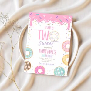Editable two sweet donut birthday party invitation pink pastel donut two sweet 2nd birthday donut 2nd birthday party 1