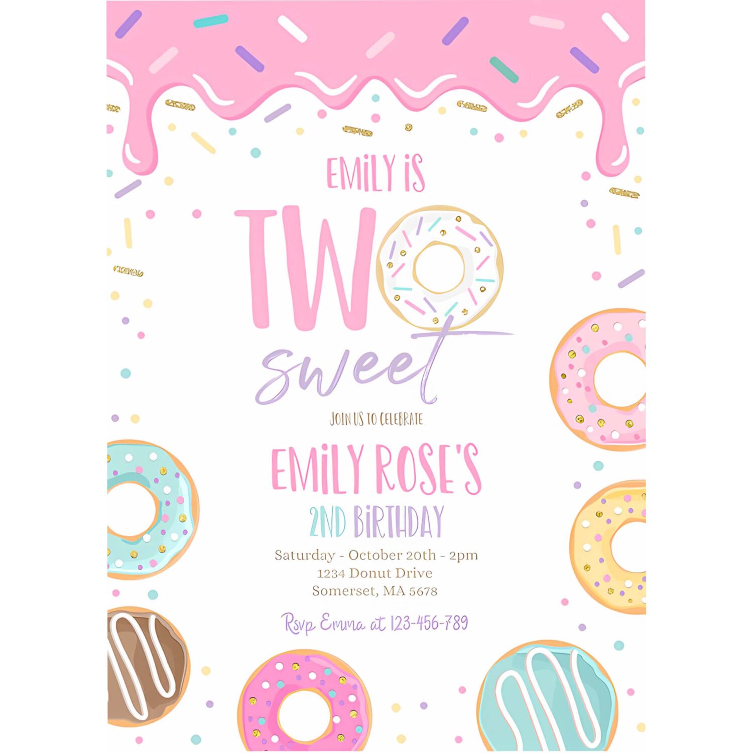 Editable two sweet donut birthday party invitation pink pastel donut two sweet 2nd birthday donut 2nd birthday party 4