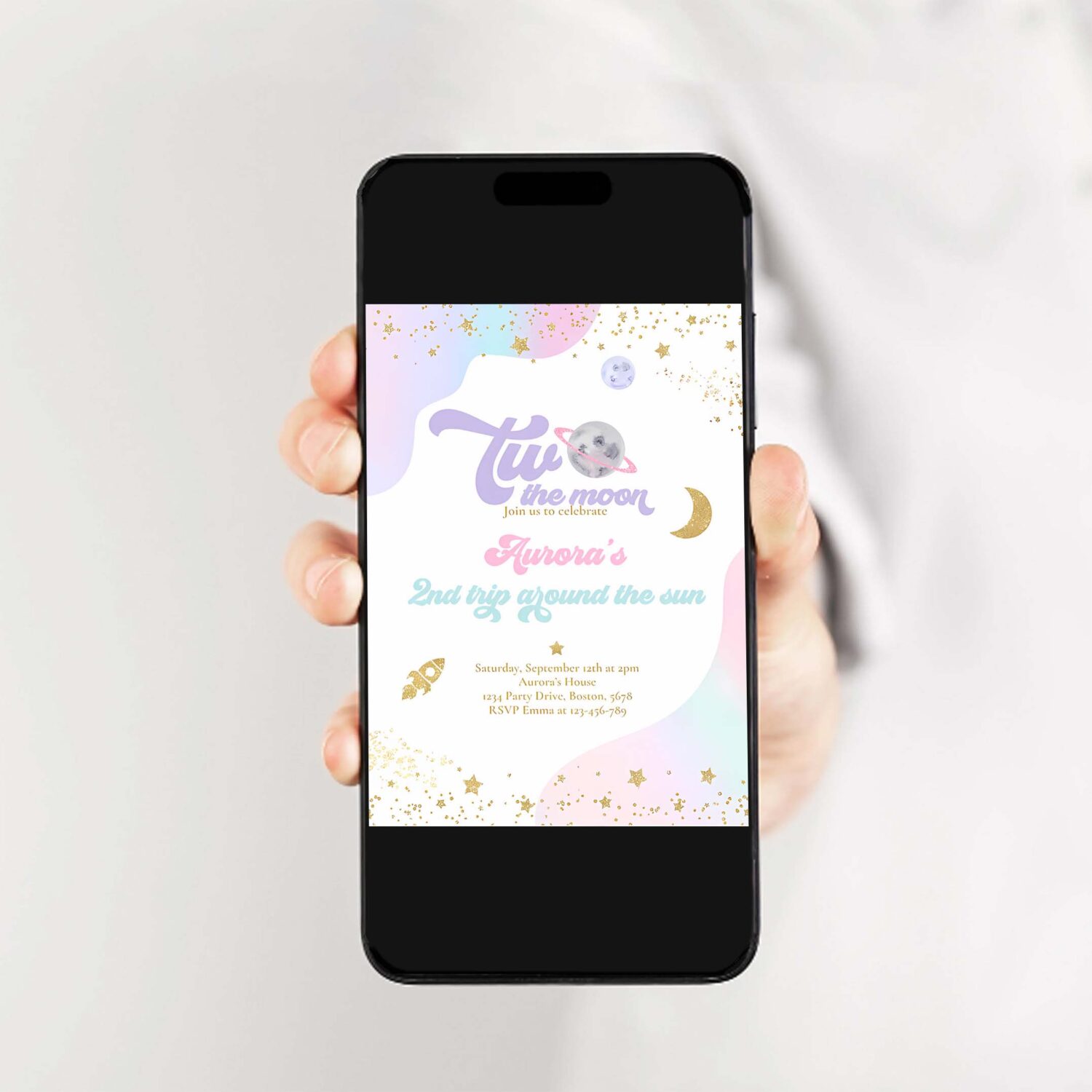 Editable two the moon space birthday invitation 2nd trip around the sun watercolor pink planets galaxy outer space party 2
