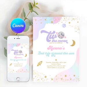 Outer Space Invitation, Two The Moon Space Birthday Invitation