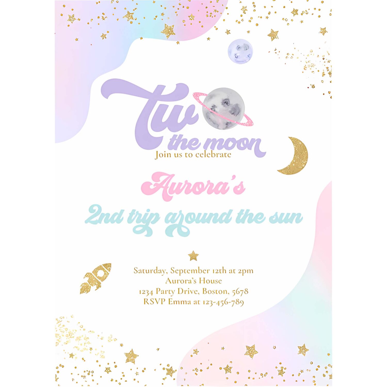 Editable two the moon space birthday invitation 2nd trip around the sun watercolor pink planets galaxy outer space party 4