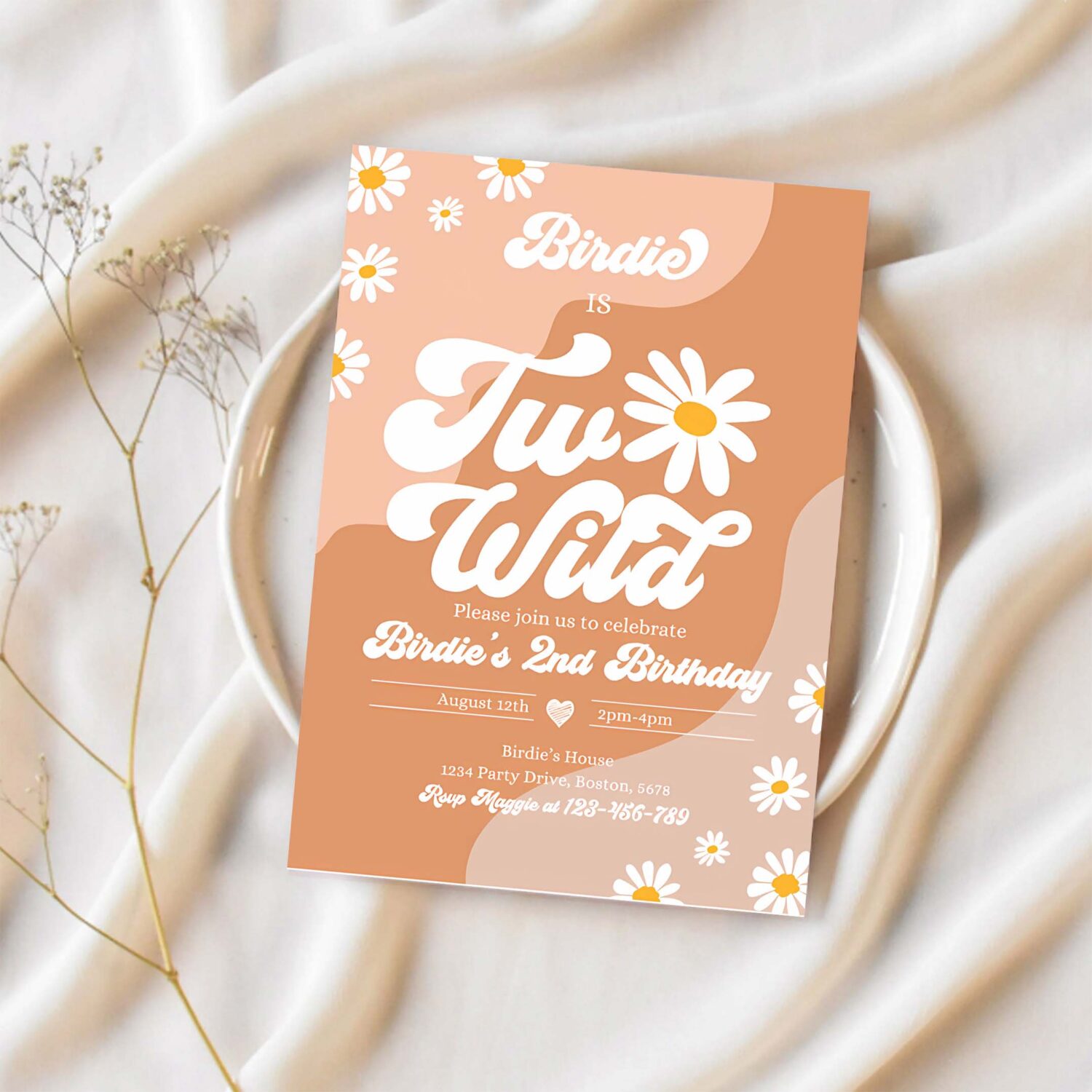 Editable two wild 2nd birthday party invitation boho daisy two wild party groovy hippie floral 70s daisy hippie party 1