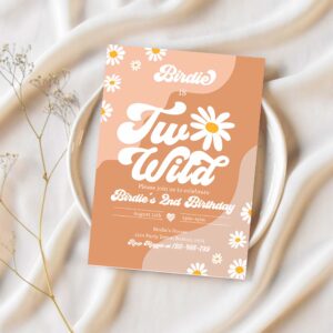 Editable two wild 2nd birthday party invitation boho daisy two wild party groovy hippie floral 70s daisy hippie party 1
