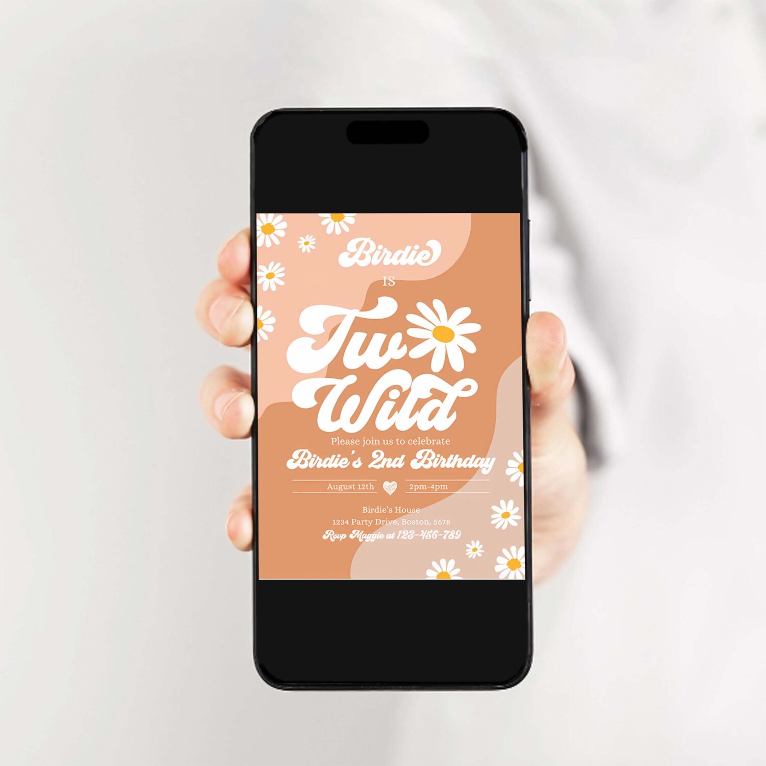 Editable two wild 2nd birthday party invitation boho daisy two wild party groovy hippie floral 70s daisy hippie party 2