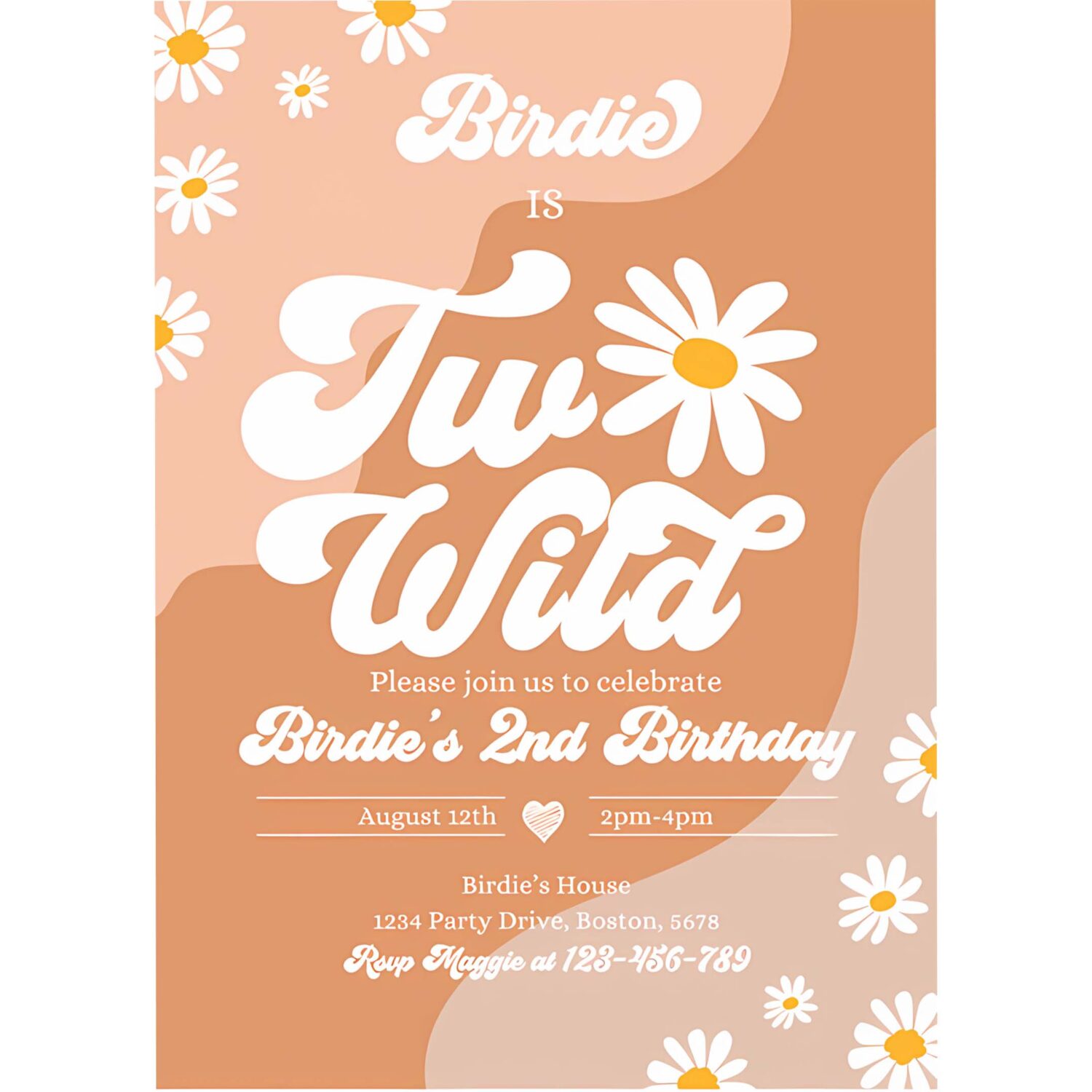Editable two wild 2nd birthday party invitation boho daisy two wild party groovy hippie floral 70s daisy hippie party 4