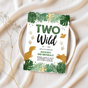 Editable two wild birthday invitation dinosaur dino party boy 2nd second birthday green gold in two the wild corjl template printable 0146 1