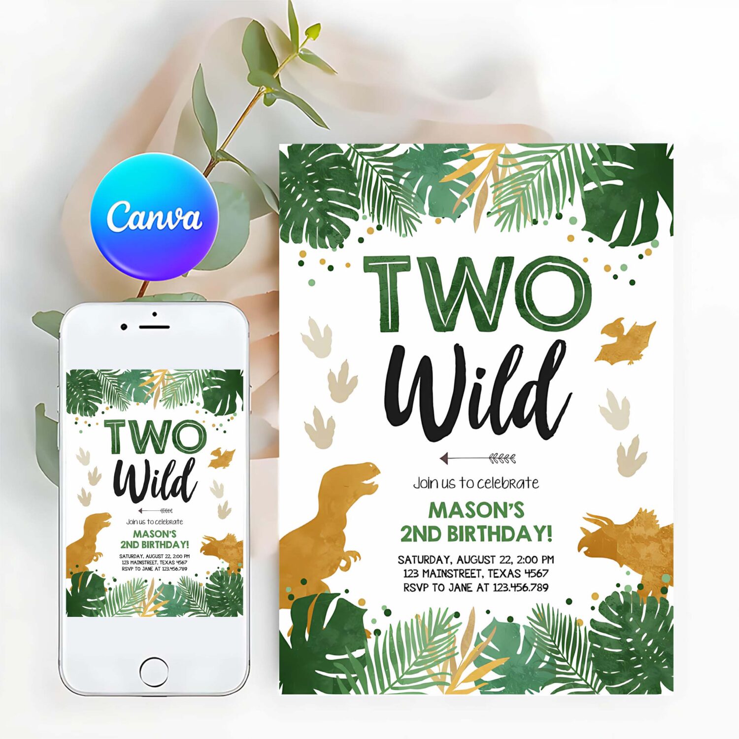 Editable two wild birthday invitation dinosaur dino party boy 2nd second birthday green gold in two the wild corjl template printable 0146