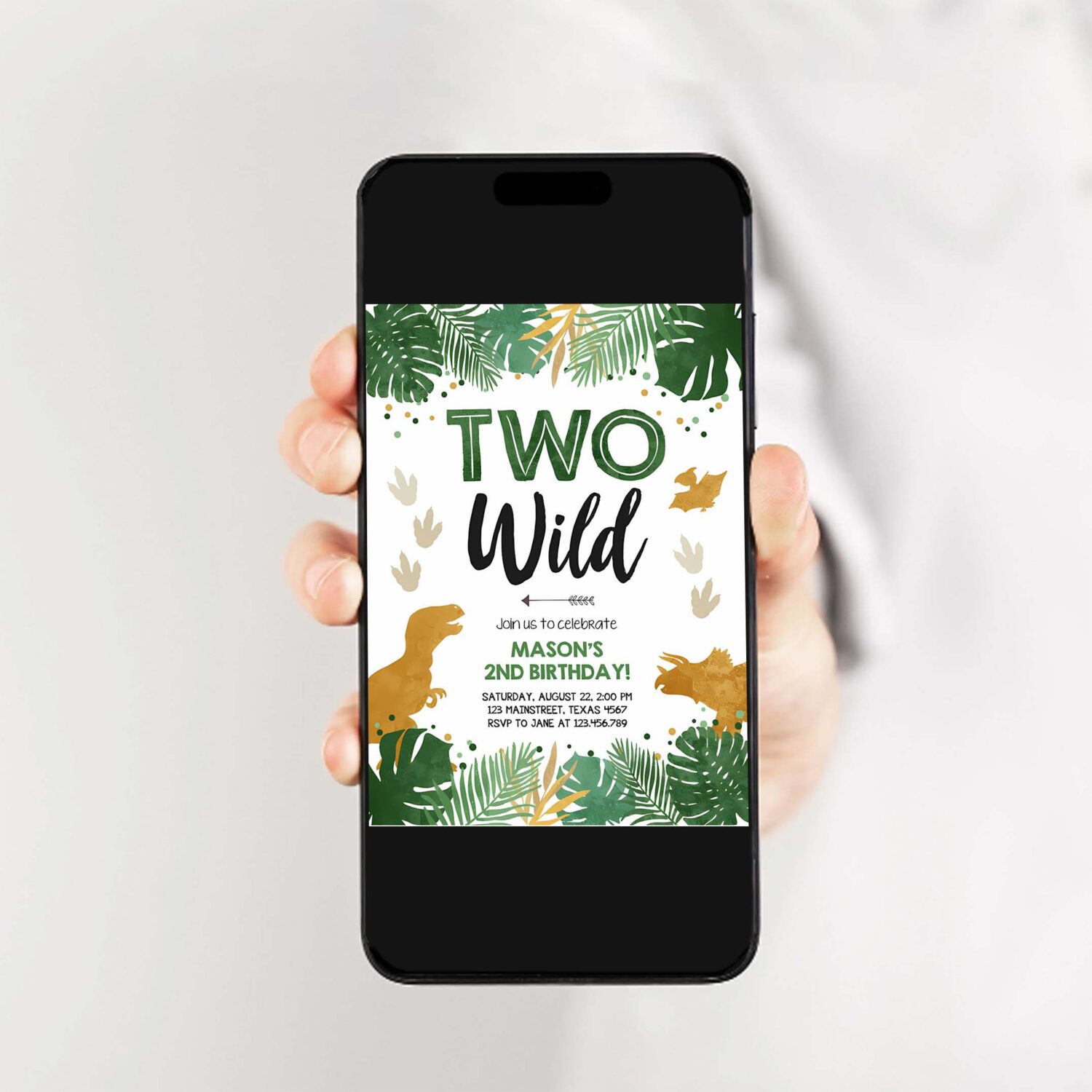 Editable two wild birthday invitation dinosaur dino party boy 2nd second birthday green gold in two the wild corjl template printable 0146 2