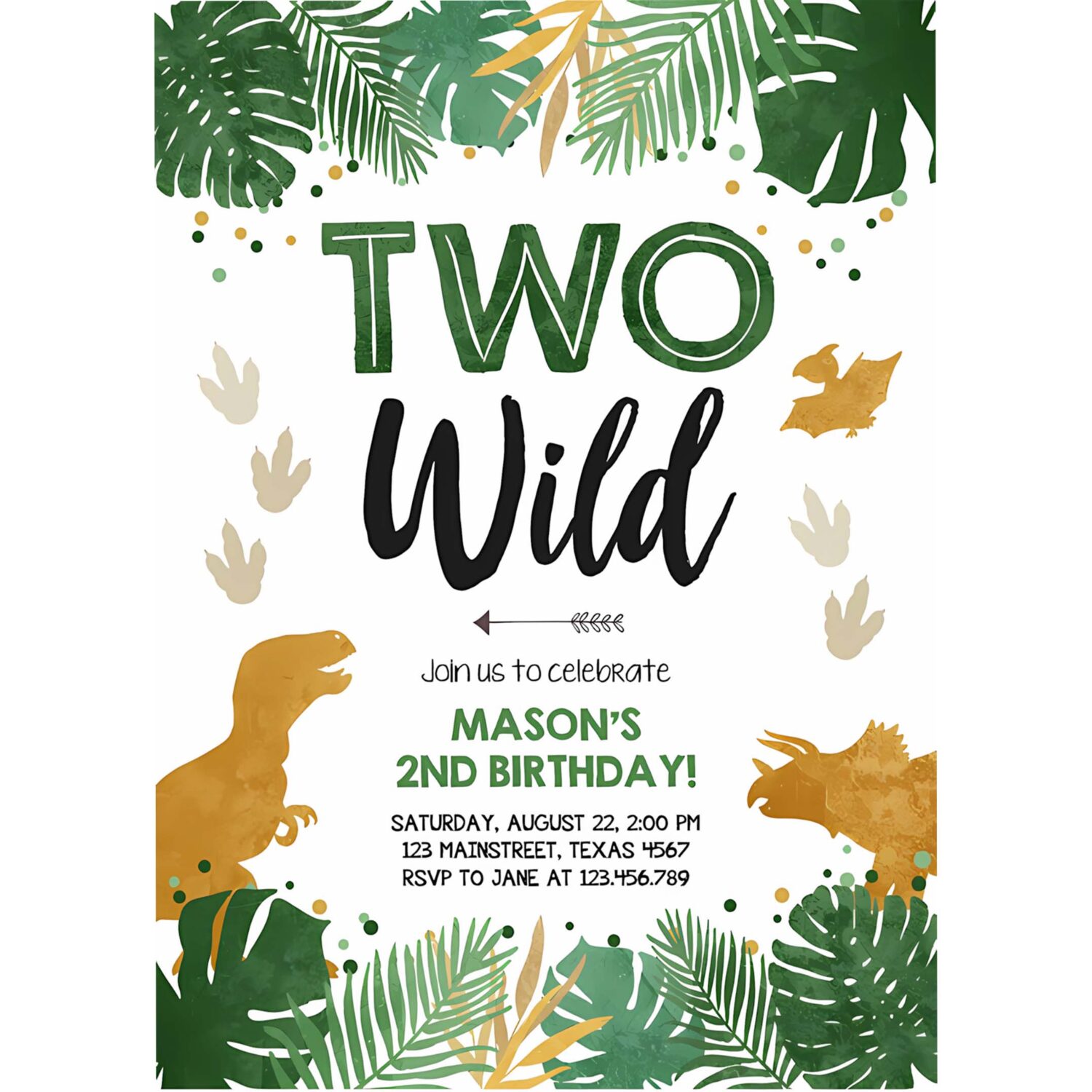 Editable two wild birthday invitation dinosaur dino party boy 2nd second birthday green gold in two the wild corjl template printable 0146 4