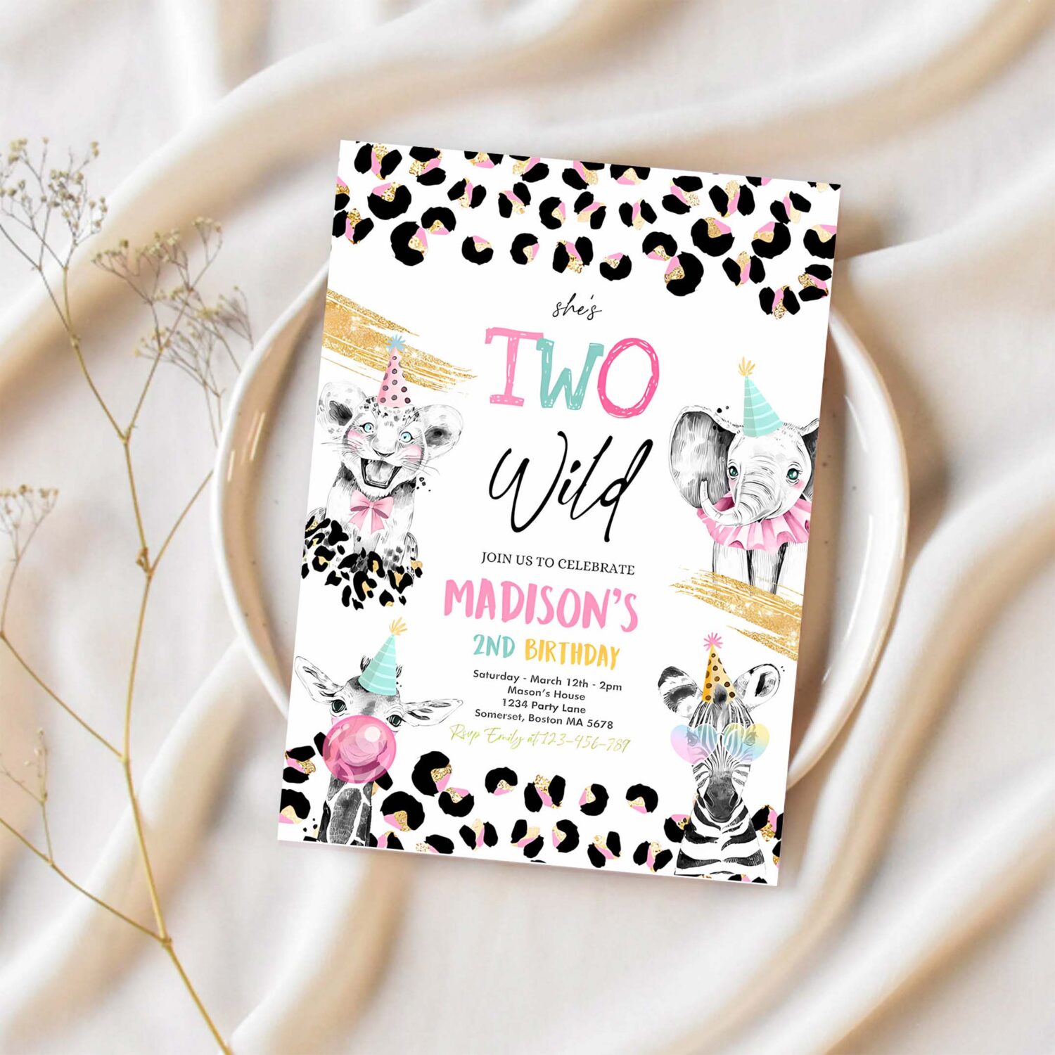 Editable two wild birthday invitation safari animals 2nd birthday party monochrome safari animals cheetah leopard print party 1