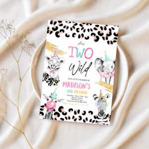 Editable two wild birthday invitation safari animals 2nd birthday party monochrome safari animals cheetah leopard print party 1