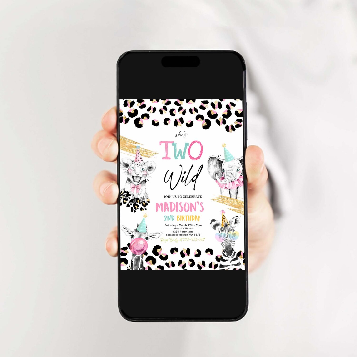 Editable two wild birthday invitation safari animals 2nd birthday party monochrome safari animals cheetah leopard print party 2