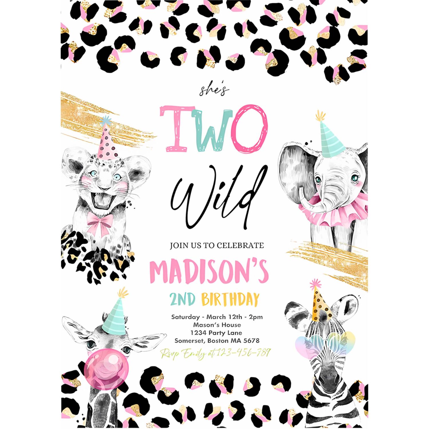 Editable two wild birthday invitation safari animals 2nd birthday party monochrome safari animals cheetah leopard print party 4