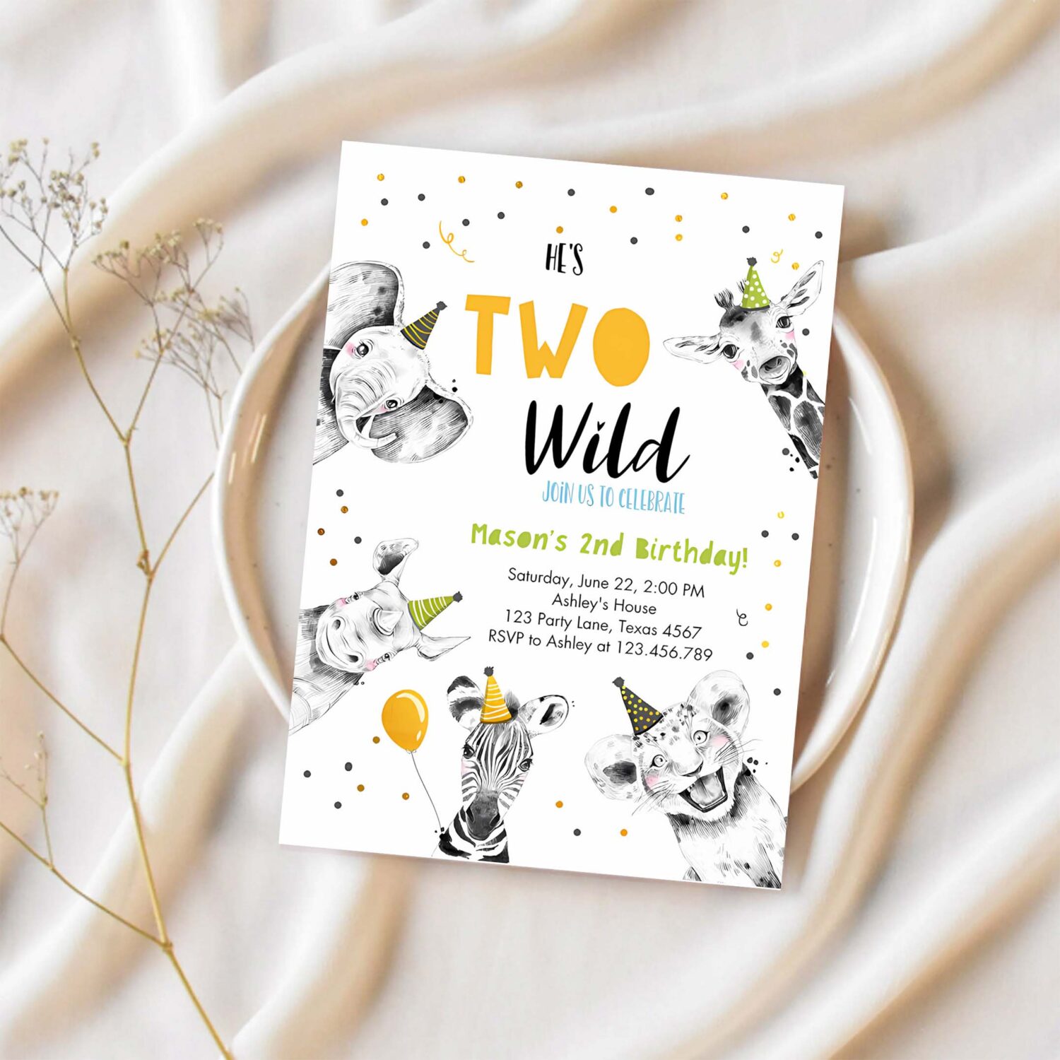 Editable two wild birthday invitation safari animals party animals boy green gold second birthday 2nd confetti corjl template printable 0390 1