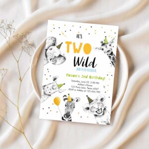 Editable two wild birthday invitation safari animals party animals boy green gold second birthday 2nd confetti corjl template printable 0390 1