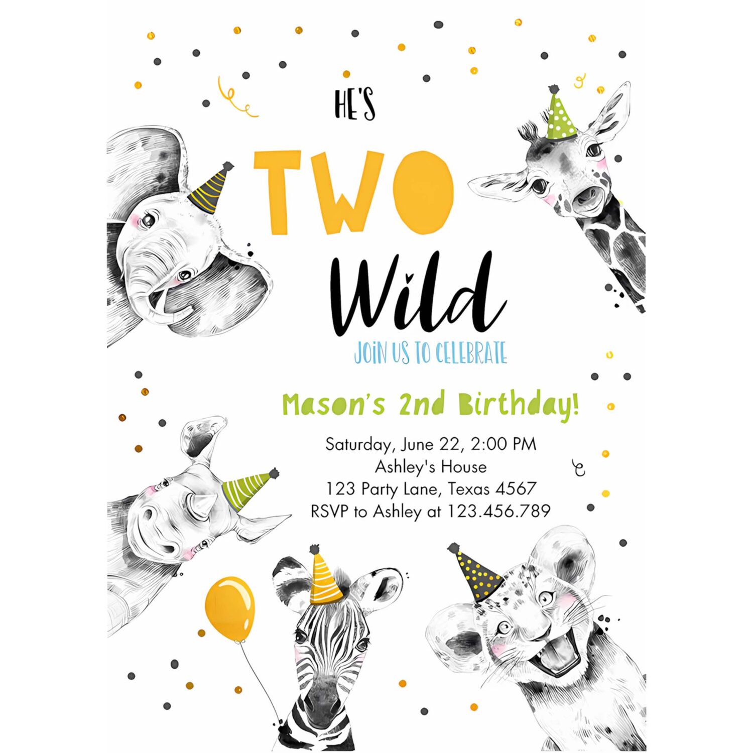 Editable two wild birthday invitation safari animals party animals boy green gold second birthday 2nd confetti corjl template printable 0390 4