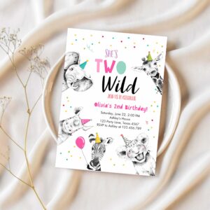 Editable two wild birthday invitation safari animals party animals girl pink gold second birthday 2nd confetti corjl template printable 0390 1