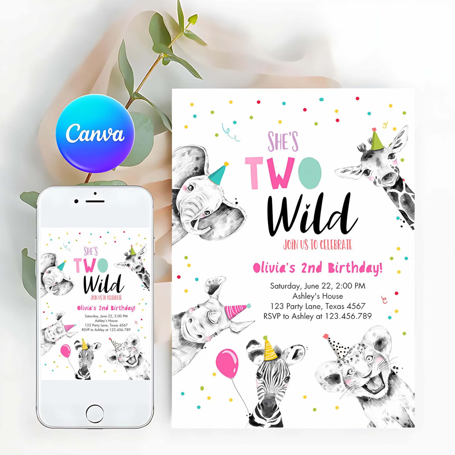 Editable two wild birthday invitation safari animals party animals girl pink gold second birthday 2nd confetti corjl template printable 0390