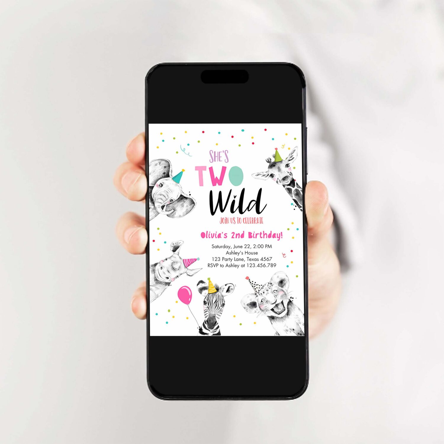 Editable two wild birthday invitation safari animals party animals girl pink gold second birthday 2nd confetti corjl template printable 0390 2
