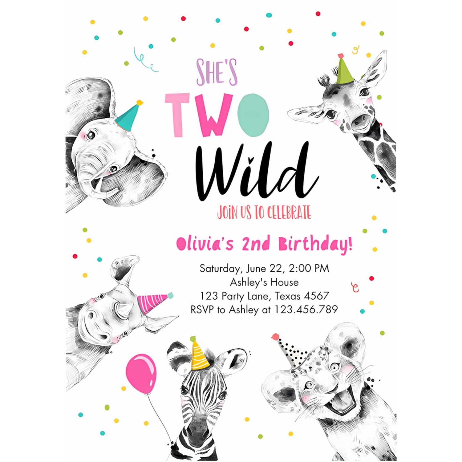 Editable two wild birthday invitation safari animals party animals girl pink gold second birthday 2nd confetti corjl template printable 0390 4