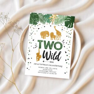 Editable two wild birthday invitation safari animals party jungle zoo animals boy gold confetti green download printable corjl template 0016 1
