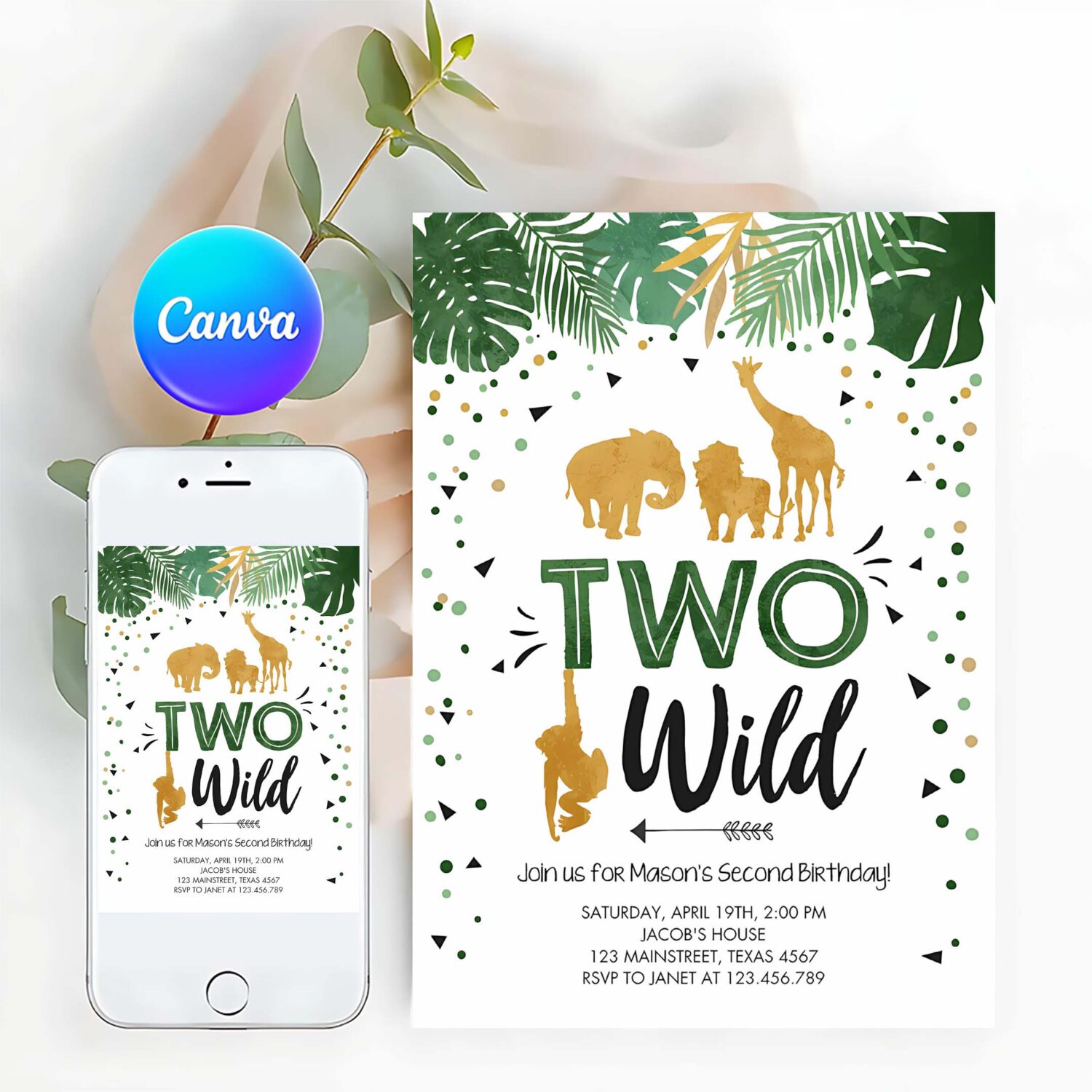 Editable two wild birthday invitation safari animals party jungle zoo animals boy gold confetti green download printable corjl template 0016