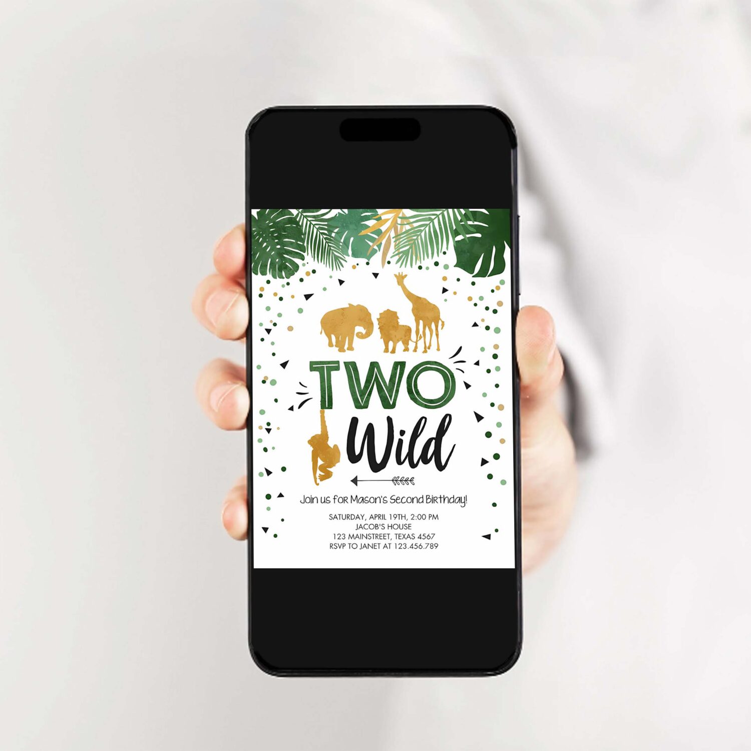 Editable two wild birthday invitation safari animals party jungle zoo animals boy gold confetti green download printable corjl template 0016 2