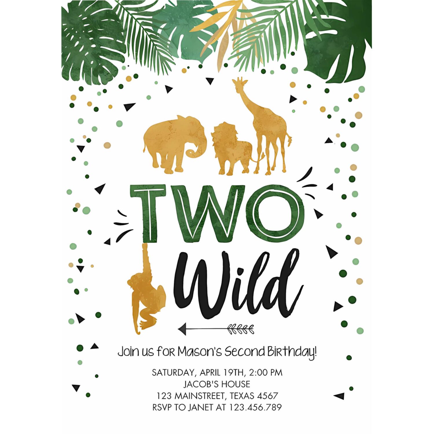 Editable two wild birthday invitation safari animals party jungle zoo animals boy gold confetti green download printable corjl template 0016 4