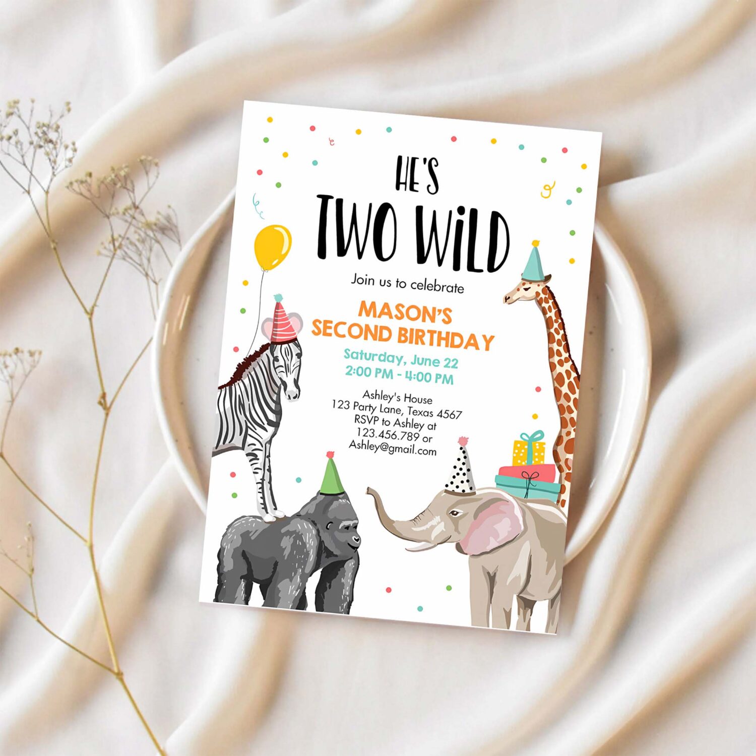 Editable two wild birthday invitation safari animals party jungle zoo animals boy party animals download printable corjl template 0142 1