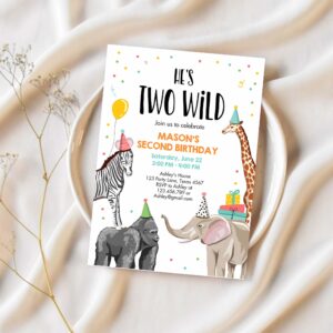Editable two wild birthday invitation safari animals party jungle zoo animals boy party animals download printable corjl template 0142 1