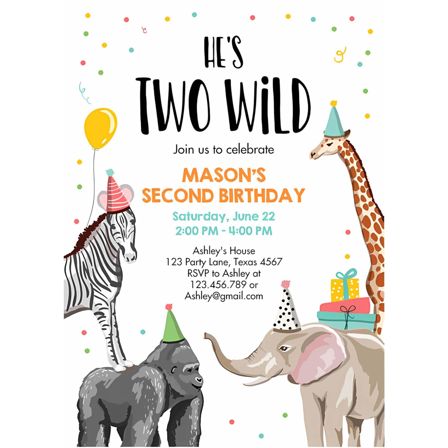 Editable two wild birthday invitation safari animals party jungle zoo animals boy party animals download printable corjl template 0142 4