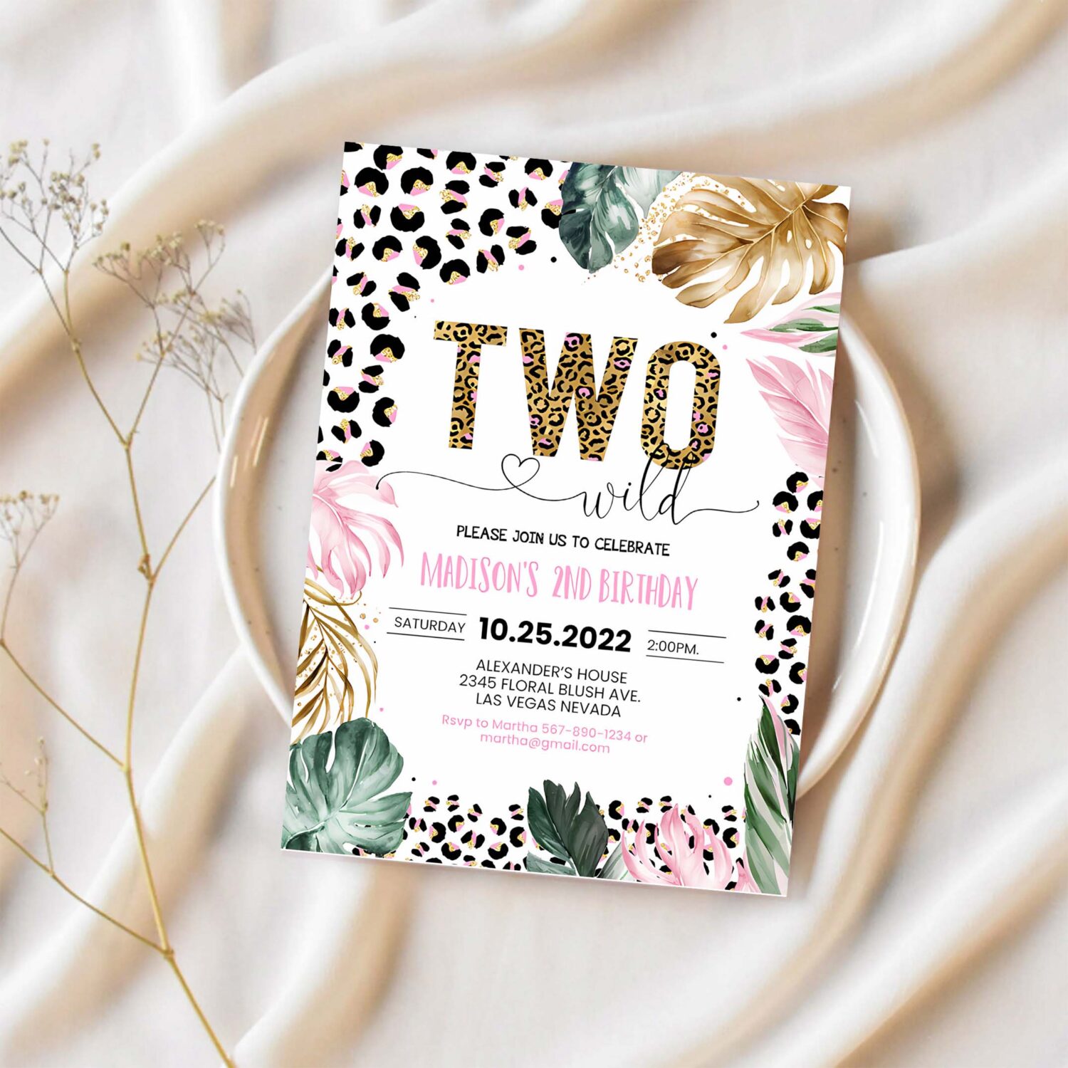 Editable two wild leopard print jungle birthday party invitation leopard print invite born two wild template 1