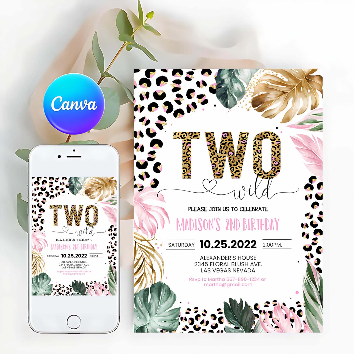 Editable two wild leopard print jungle birthday party invitation leopard print invite born two wild template