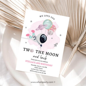 Outer Space Invitation, Two the Moon Outer Space, Out of this World Astronaut Blue Silver Girl Invites Invitation