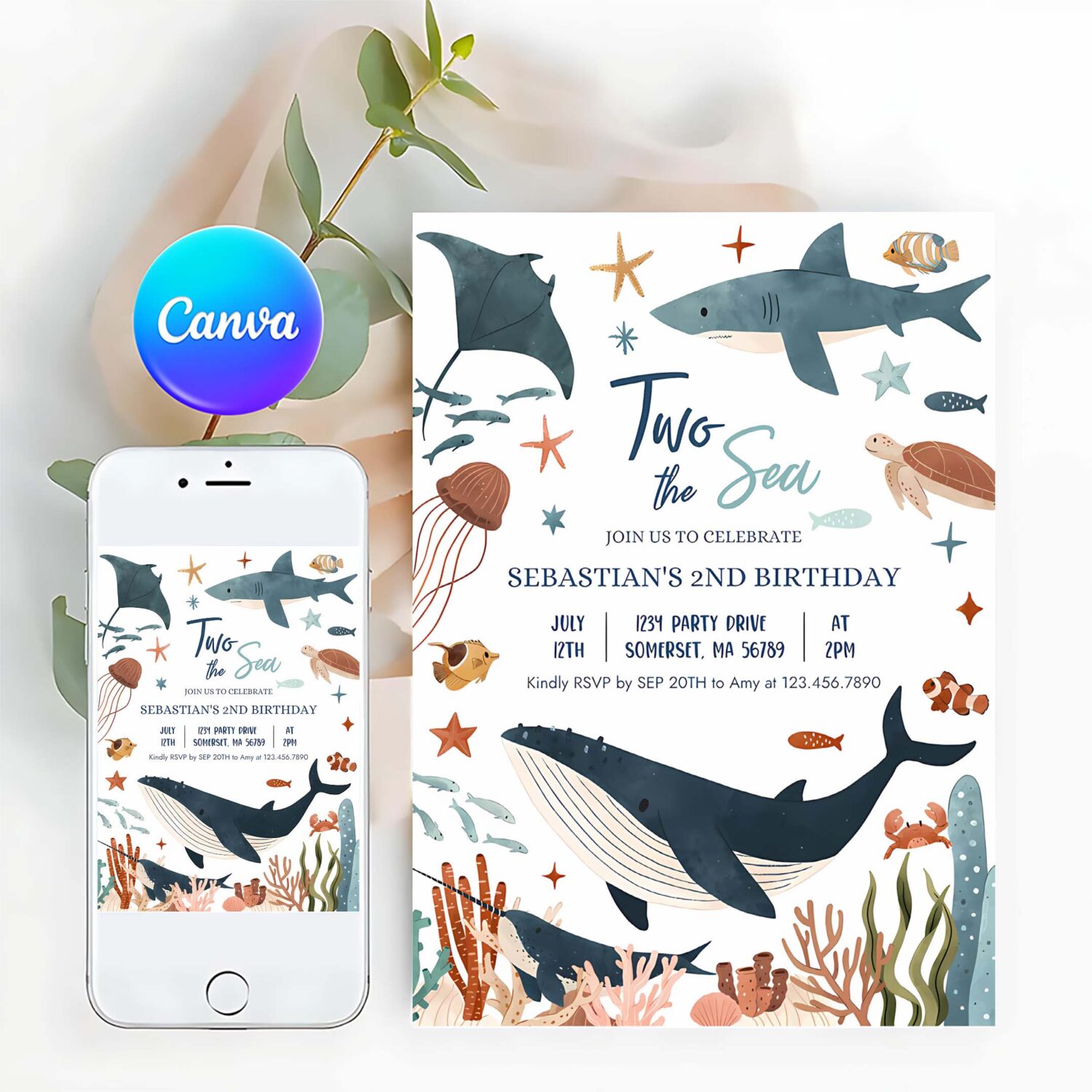 Editable two the sea 2nd birthday party invitation under the sea 2nd birthday whale shark sea life party