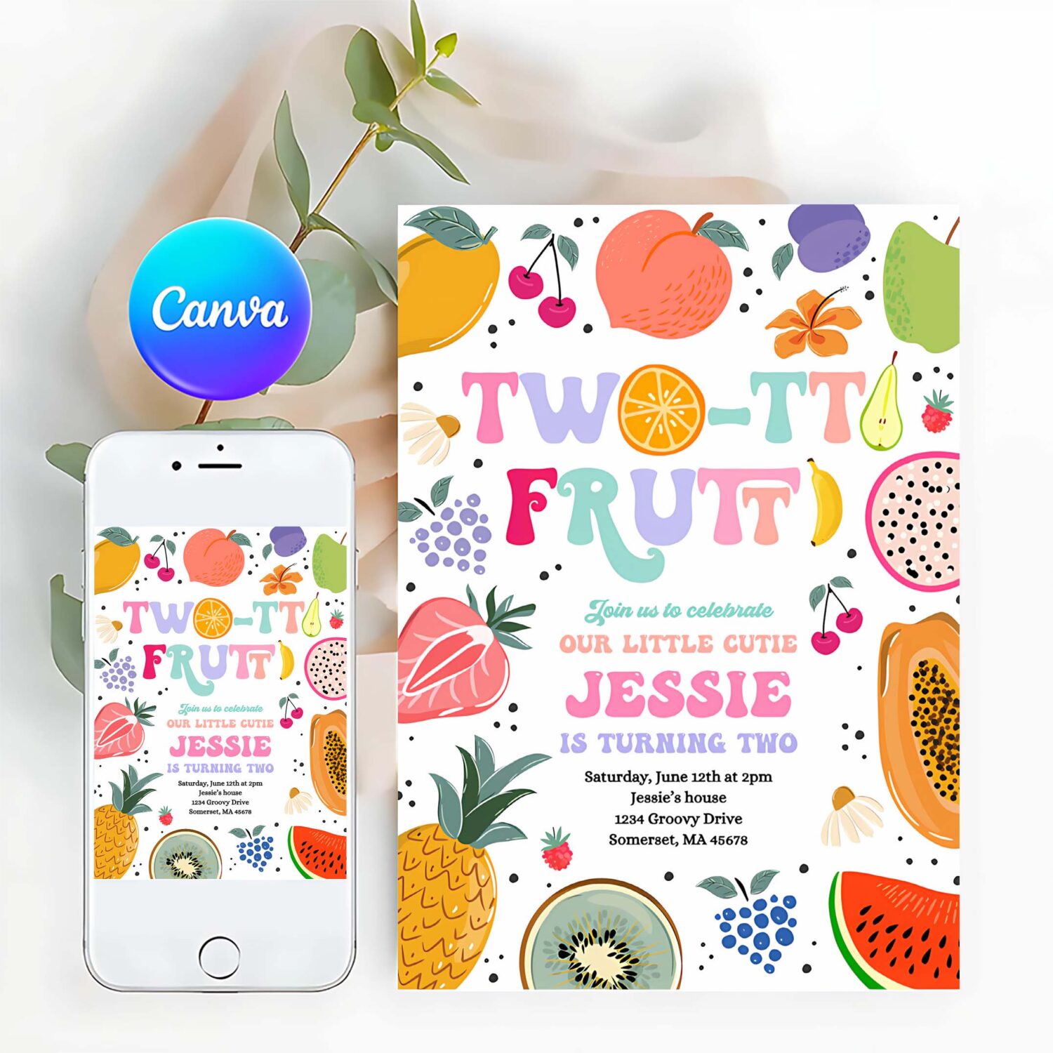 Editable two tti frutti birthday invitation two tti frutti 2nd birthday tutti frutti tropical summer party fruit party